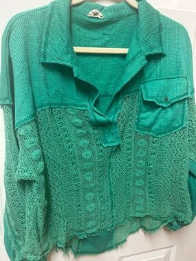 Green Crochet Knit Button-Front Top/ POL